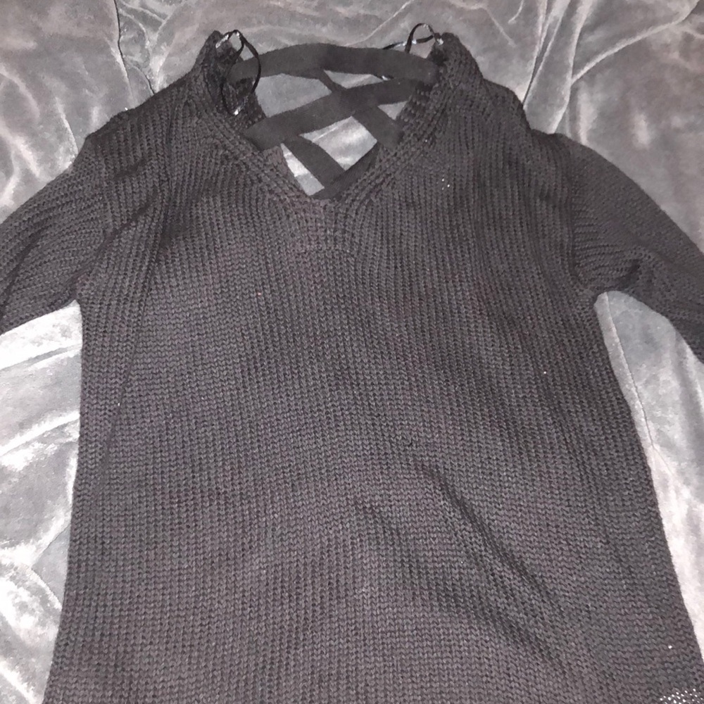 Black v-neck with open back sweater